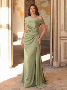 Aureia Đầm dạ hội dáng đuôi cá trễ vai sang trọng, thanh lịch bằng chất liệu satin, cỡ lớn, thích hợp cho đám cưới, tiệc tùng, kỳ nghỉ, dạ hội, hoặc làm đầm phù dâu. - màu xanh lá - Xem 8