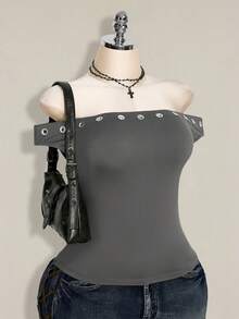 SHEIN ICON Blusa gris con acentos metálicos y hombros descubiertos para mujer de talla grande - Gris - Ver 9