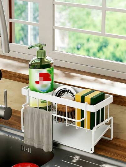 1PC Plastic Kitchen Sink Sponge Holder Drying Rack Dish Sponge Organizer With Removable Cloth Rack Multi Function Storage For Sponge Soap Brush Bathroom Soap Dispenser Brush Holder Kitchen Accessory
