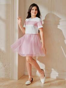 Anewsta Tween Girl Colorblock Lace Patchwork T-Shirt And Mesh Skirt Set, Spring/Summer - Pink - View 4