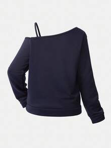 Girlism Teen Girls Casual Asymmetric Shoulder Strap Long Sleeve T-Shirt, Suitable For Summer, Casual, Sports, School - Navy Blue - View 2