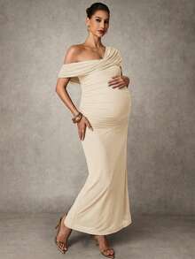 MaterniChic Vestido elegante de fiesta y salida con hombros descubiertos y fruncido de unicolor para mujeres embarazadas - Albaricoque - Ver 4