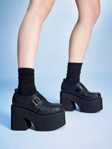 Sugerpunk 女士黑色中国风纽扣坡跟厚底乐福鞋 - 黑色 - 查看 3