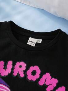 HELLO KITTY AND FRIENDS | SHEIN 少女卡通字母印花圆领短袖上衣和裤子休闲日常穿搭 - 紫色 - 查看 3