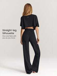 GLOWMODE 35" FeatherFit™ Long Strides Buttery-Soft Sweat-Wicking Stretchy Crossover Waist Tall Side Pockets Wide-Leg Pants Low Impact Yoga Pilates Studio Daily Wear - Black - View 2