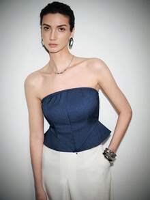 Lumivelle 女士春夏新款裹身式抹胸上衣，牛仔布质感面料，收腰设计，鱼骨纹理，优雅时尚的都市风上衣 - 寶藍色 - 查看 6