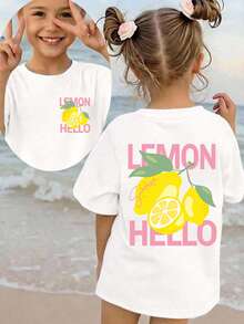 女童字母柠檬印花圆领短袖休闲宽松百搭T恤 - 白色 - 查看 1