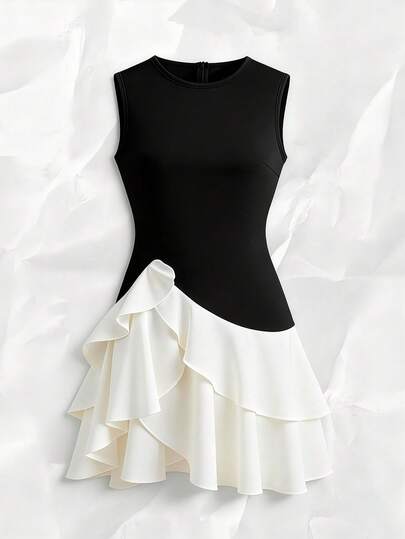 Olithes 女士撞色圆领荷叶边下摆时尚约会派对迷你连衣裙