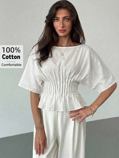 Aloruh Women's Casual Loose Fit Solid White Boat Neck Batwing Sleeve Ruched Hem Short Sleeve Blouse, Spring/Summer
