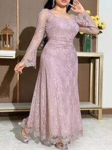 Feyla Plus Size Elegant Solid Color Lace Dress Vestidos Elegantes Para Fiesta - Pink - View 1