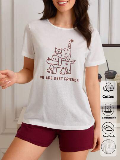 SHEIN Cotton Line Women Casual Cat And Dog Pattern Short Sleeve Round Neck Top And Comfy Burgundy Solid Color Shorts