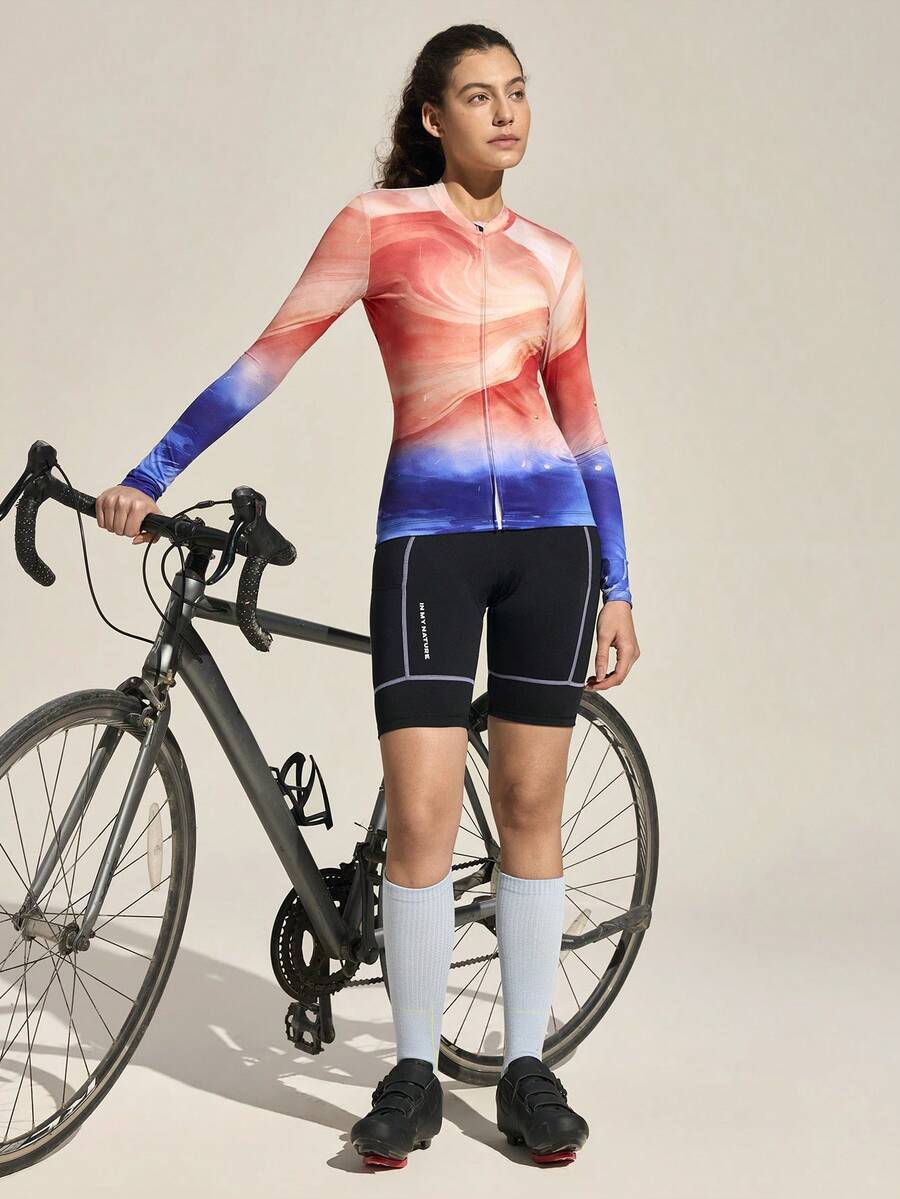 Exploreva 女士渐变色拉链长袖骑行服 - 橘色 - 查看 1