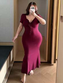 Dazy Plus Ruffled Trim Tie-Front Bodycon Plus Size Women Nightgown Loungewear Summer Pajamas - Red Violet - View 3