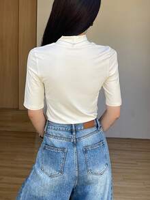 DAZY Women's Mock Neck Fitted Half Sleeve T-Shirt - White - View 7