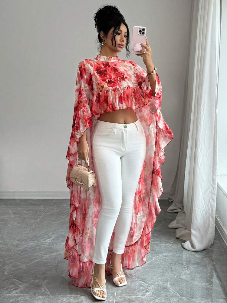 Elenzga Última moda de primavera/verano, blusa elegante para mujer con cuello mao, de gasa con estampado floral y ribete de volantes - Multicolor - Añade 3