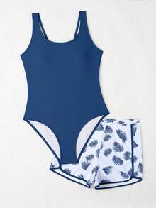 Teen Girl Solid Color Round Neck One-Piece Swimsuit With Floral Print Shorts - Blue - View 4