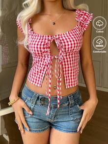 CovetEZ 女士休闲格子系带泡泡袖衬衫，夏季 - 紅白色 - 查看 4