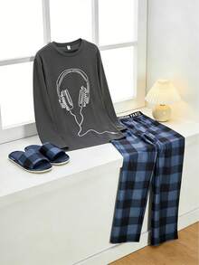 SHEIN 两件套休闲圆领长袖T恤和格子裤睡衣套装，适合青少年男孩，可用于居家休闲、通勤、上学、日常休闲、旅行、户外活动、聚会以及秋冬季穿着。 - 深灰色 - 查看 5