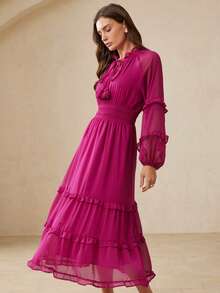Aveloria Rosie Đầm chiffon màu trơn kiểu Pháp thanh lịch dành cho nữ, thiết kế nhiều lớp bèo nhún, thắt eo và xòe rộng. - Màu Hồng Tươi - Xem 5