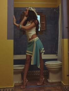 MUSERA Knitted Stripe Detail Asymmetric Drape Mini Skirt Spring Summer Cosy Cute Daily Girly Vacation Sunlight Social - Blue - View 1