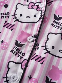 HELLO KITTY AND FRIENDS | SHEIN 少女可爱卡通条纹印花撞色滚边翻领短袖衬衫短裤套装，夏季 - 淺粉色 - 查看 4