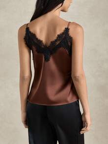 Briarwyn 2026 New Arrive Women's Contrast Color Lace Patchwork Spaghetti Strap Sleeveless Elegant Tank Top, Summer,Satin,Brown - Coffee Brown - View 2