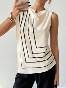 Rafferiza Women's Fashionable Sleeveless 2 In 1 Shirt, Irregular Geometric Line Print, Fitted Silhouette, Stylish And Elegant, Back Zipper Closure - Apricot - View 6