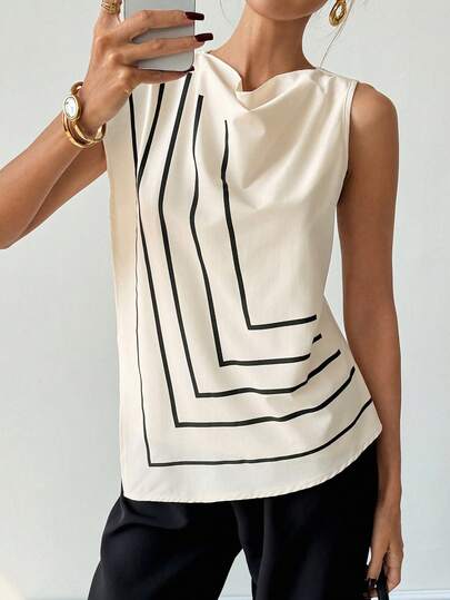 Rafferiza 女士时尚无袖二合一衬衫，不规则几何线条印花，修身剪裁，时尚优雅，后背拉链闭合