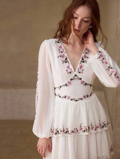 MOTF PREMIUM FLOWER EMBROIDERY TIERED LAYER DRESS