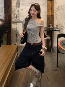 DAZY 女士休闲不对称领口韩版街头风T恤，夏季 - 灰色 - 查看 3