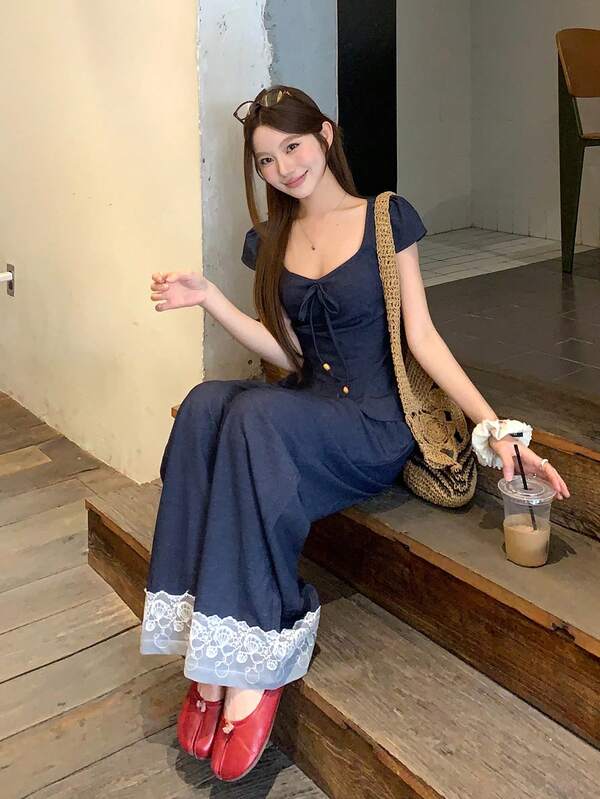 DAZY Women's Korean Style Ruffle Trim Denim Effect Shirt And Elongated Pants 2 Pieces Set