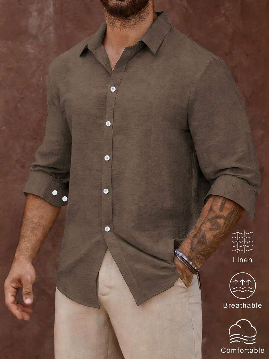 Manfinity Homme Men's Mature Vacation Linen Blend Long Sleeve Shirt Sage Green Men Shirt Coffee Brown Shirt For Men - Rust Brown - View 1