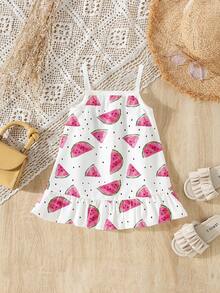 Infant Girls' Casual Watermelon Print Sleeveless Ruffle Hem Dress, Comfortable Daily Wear, Spring/Summer - Multicolor - View 4