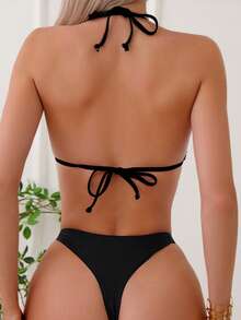 Swim Basics Summer Beach Chain Linked Halter Triangle Bikini Set - Black - View 2