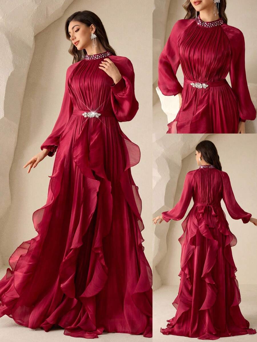 Coutiva 优雅闪亮的高领多层荷叶边下摆正式晚礼服，适合作为舞会礼服、生日派对礼服、毕业典礼礼服、返校派对礼服、音乐节礼服、伴娘礼服和告别晚宴礼服。 - 酒紅色 - 查看 1