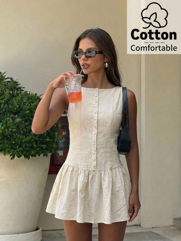 Aloruh Pale Yellow Sleeveless Mini Dress,Cotton Elegant Business Casual Short Dress,Parisian Chic,Beige,Summer,Holiday,Vacation,Holiday,Beach Office Wear