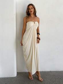 Aloruh 女士夏季新款杏色优雅性感艺术时尚迷人婚礼宾客温柔浪漫约会褶皱镂空露背吊带连衣裙 - 杏色 - 查看 6