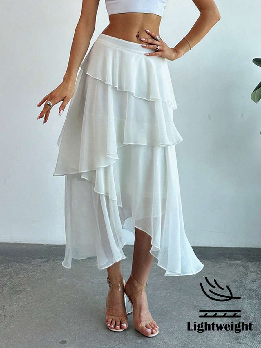 Firerie 白色雪纺荷叶边不对称中长裙，适合婚礼宾客、特殊场合、波西米亚风、浪漫庆典、夏季嘉年华、海滩度假等场合穿着。