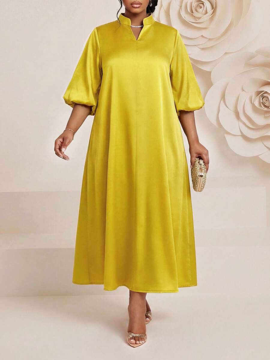 Fleurora 春夏优雅端庄派对婚礼鸡尾酒会音乐会/音乐节金色织缎立领舞会礼服荷叶边A字裙