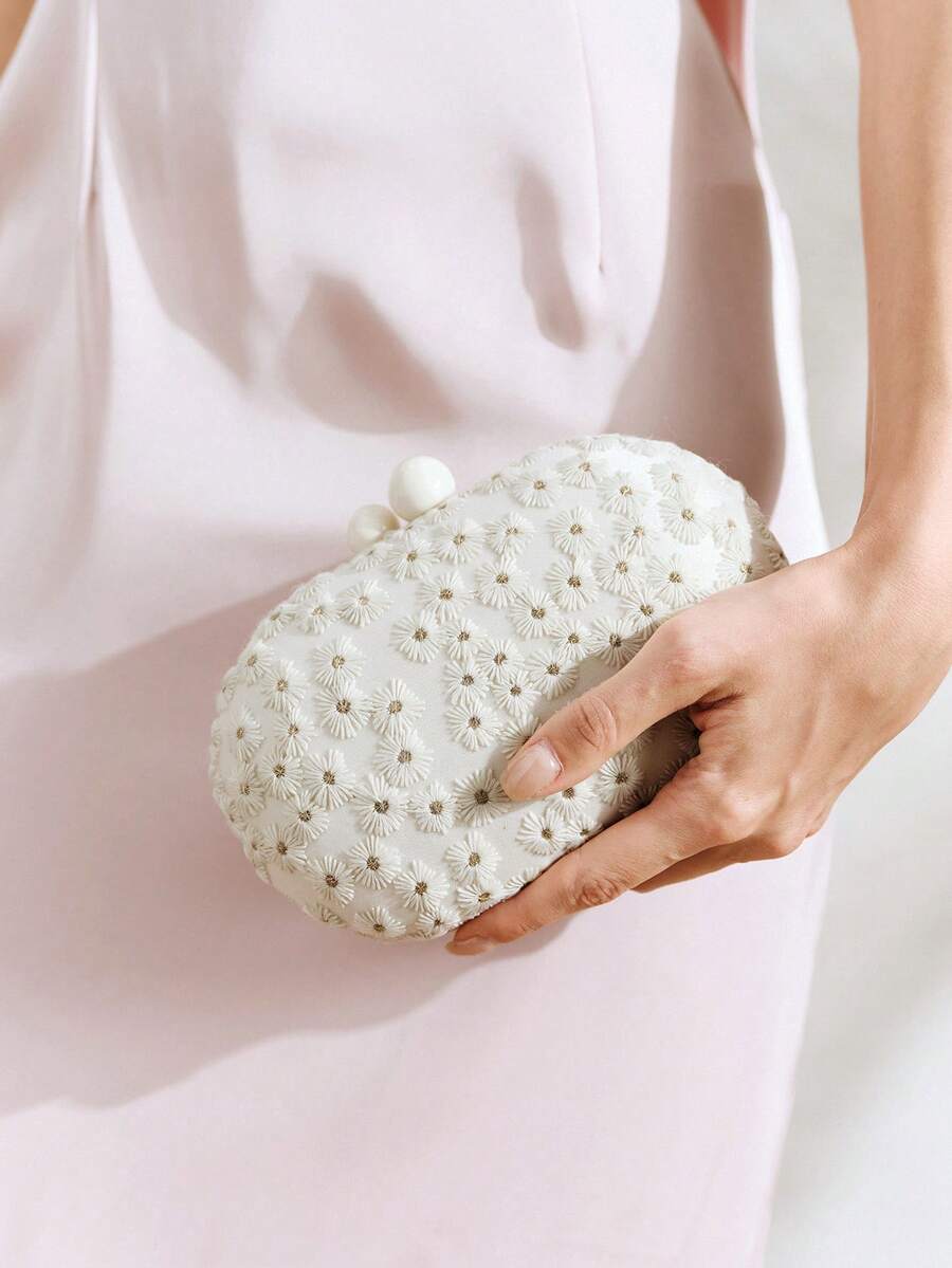 SHECARRY Bolso de mano para dama, bolso de mano con flores beige frescas, ideal para vacaciones, fiestas y versátil - Beis - Ver 1
