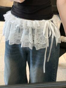 FRIFUL 女士褶裥多层蕾丝网纱系带蝴蝶结荷叶边半身裙，百搭沙滩度假装 - 白色 - 查看 2