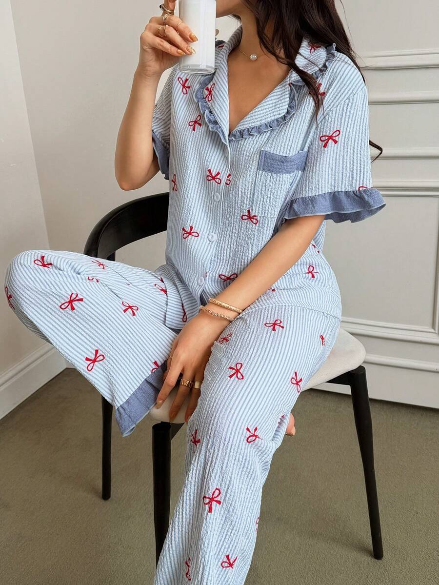 Napfluff 女士蓝色条纹蝴蝶结印花拼接撞色翻领短袖睡衣套装 - 藍白色 - 查看 1