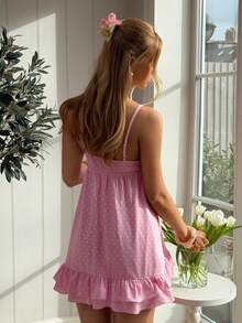 CovetEZ 女士波点印花蕾丝拼接吊带迷你连衣裙 - 粉色 - 查看 2