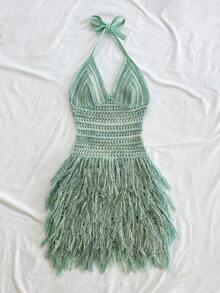 Soleia Women's Retro Fringe Hem V-Neck Halter Mini Dress, Suitable For Cruise, Holiday, Date, Afternoon Tea, Party - Green - View 3