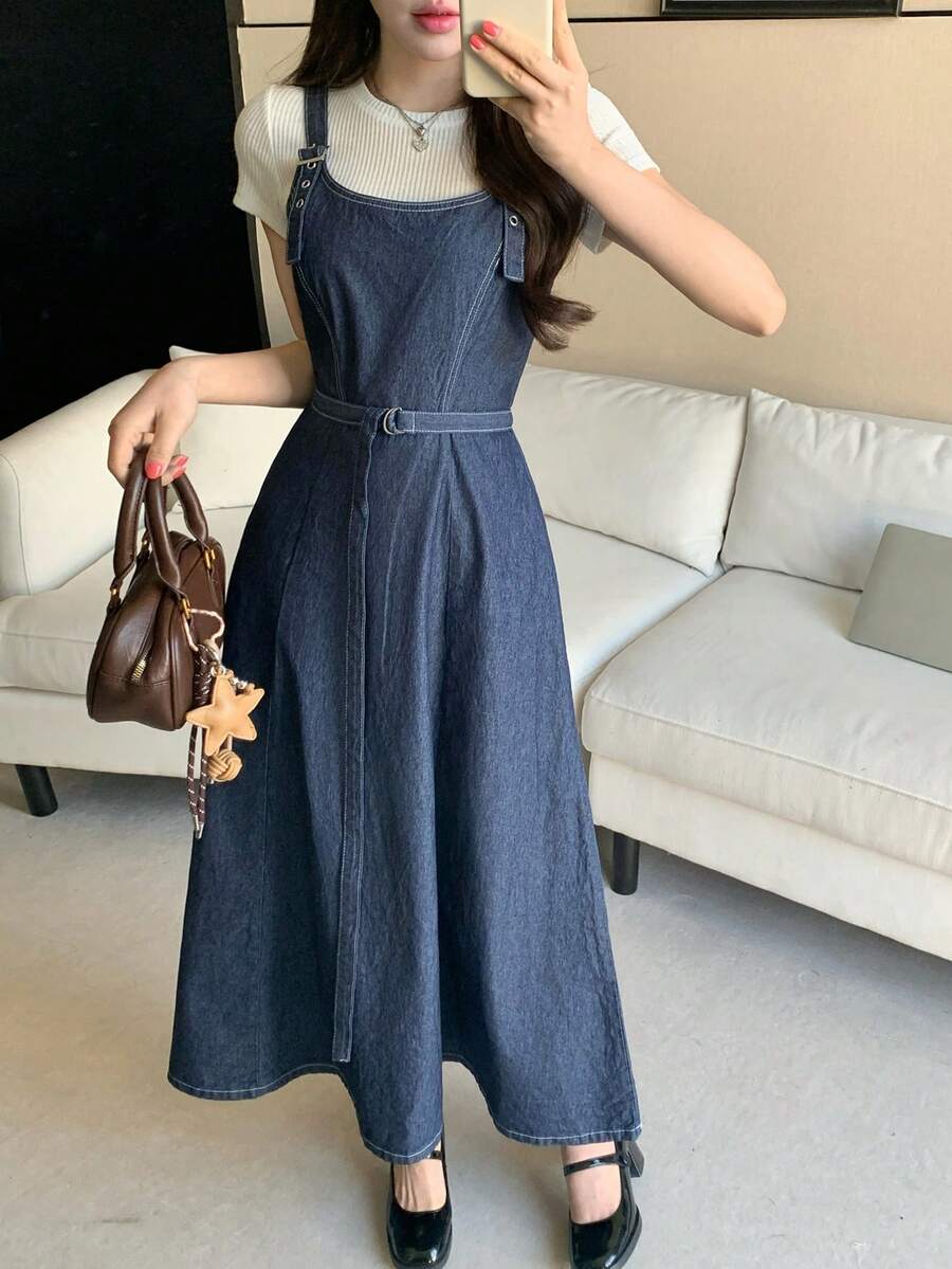 FRIFUL Women's Adjustable Strap Casual Denim Jumper Dress - Blue - View 1