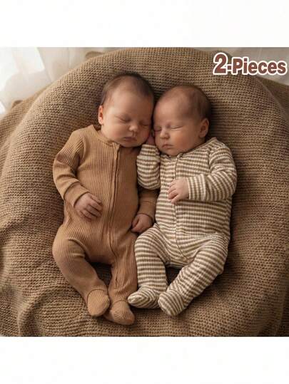 Loomiva 新生儿女宝宝/男宝宝柔软针织圆领长袖连体衣和裤子两件套