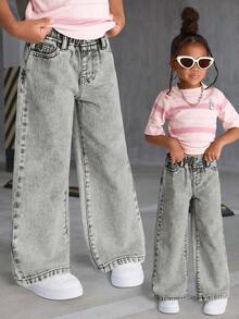 Young Girls' Versatile Casual Washed Straight-Leg Jeans - Grey - View 3