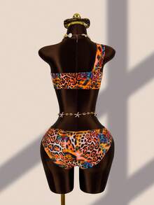 Zestiva Women's Leopard Print Asymmetric One-Shoulder Swimwear With Mesh Skirt, 3-Piece Fashionable Sexy Beachwear Set - Multicolor - View 4