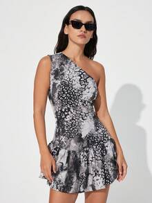 Aveloria Modichic Minimalist Modern Vacation Versatile Fashionable Black & White Abstract Animal Print Asymmetrical Shoulder Cinched Waist Flowy Mini Dress - Black and White - View 1