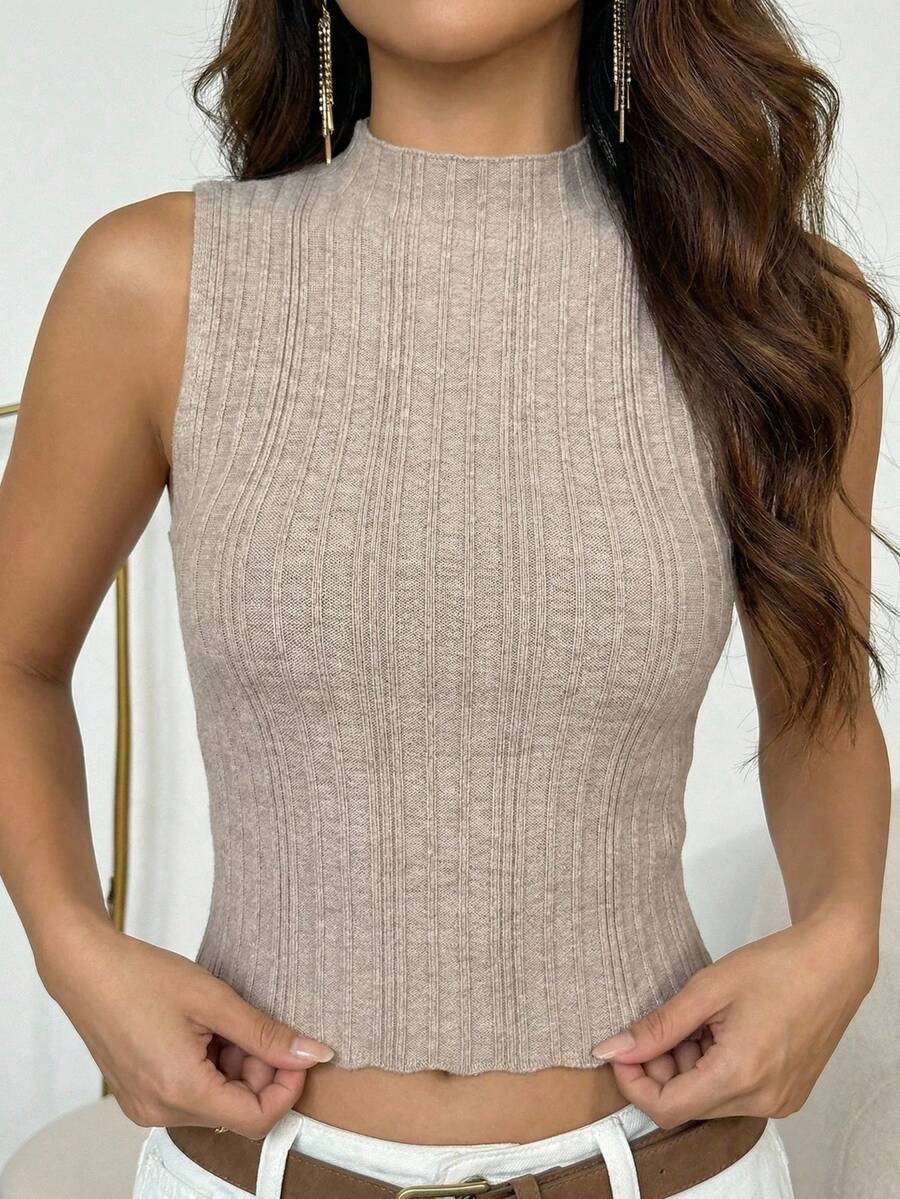 Top de punto acanalado para mujer, sin mangas, cuello alto, ajuste ceñido, tejido elástico, blusa casual ideal para outfits frescos y modernos - Beis - Ver 1